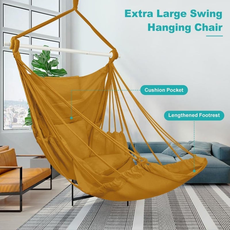 Outerman Hammock Chair, Hanging Chair with 3 Cushions and Foot Rest Support, Sturdy Metal Spreader Bar Max 500Lbs, Swing Chair for Bedroom, Indoor & Outdoor, Patio, Porch or Tree（Khaki） - Image 5